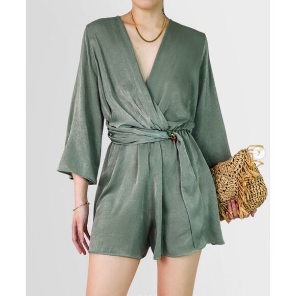 Zara Pants - ZARA Satin Wide Sleeve Overlap Belt Detail Stretch Waist Romper in Green Sz M